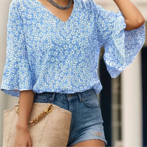 SHEIN Flare Sleeve Floral V Neck Blouse